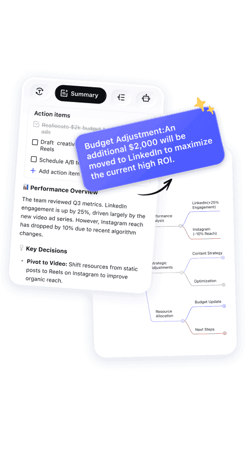 HiNoter dashboard showing transcript summary and mind map