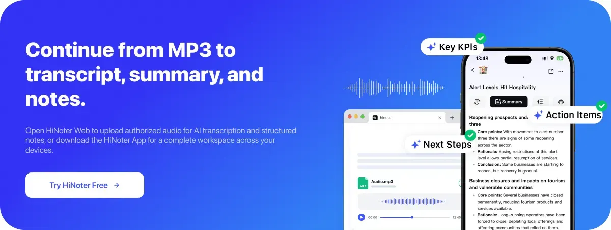 HiNoter workspace with transcript, summary, notes, and action items from an MP4 video