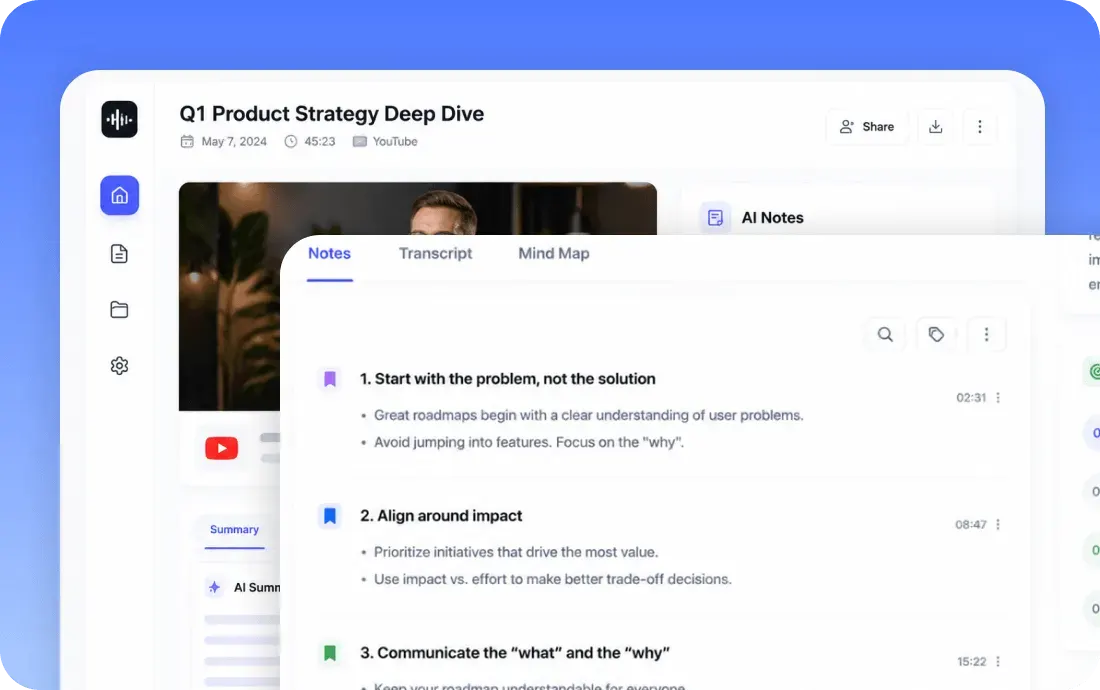 HiNoter AI workspace for turning an authorized video into searchable notes