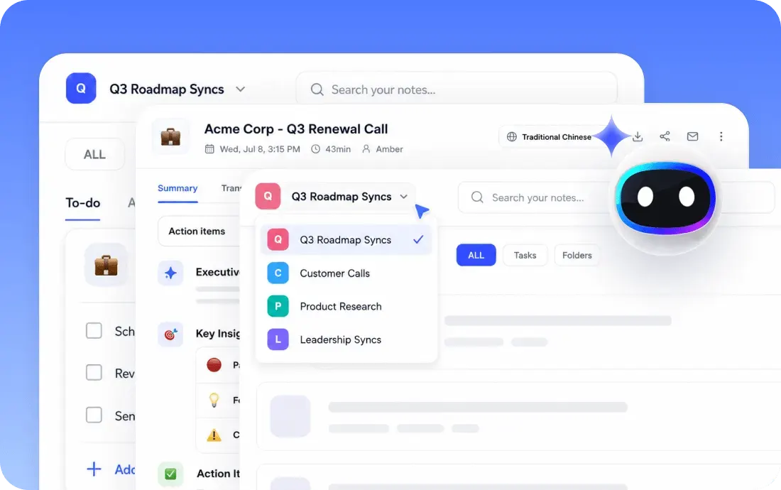 HiNoter workspace with saved transcript, notes, and AI chat
