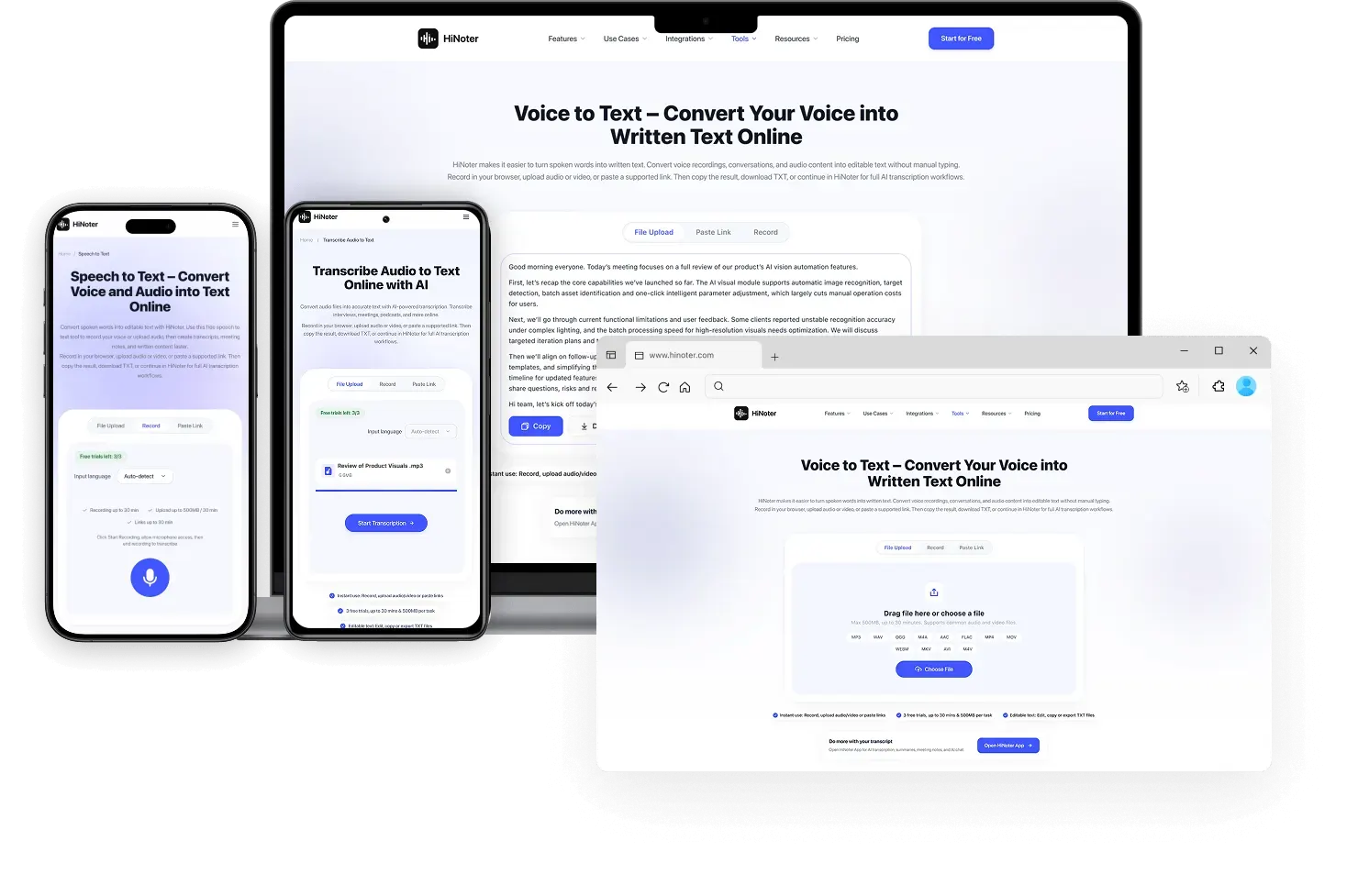 Speech to text workflow shown across mobile, laptop, and browser devices