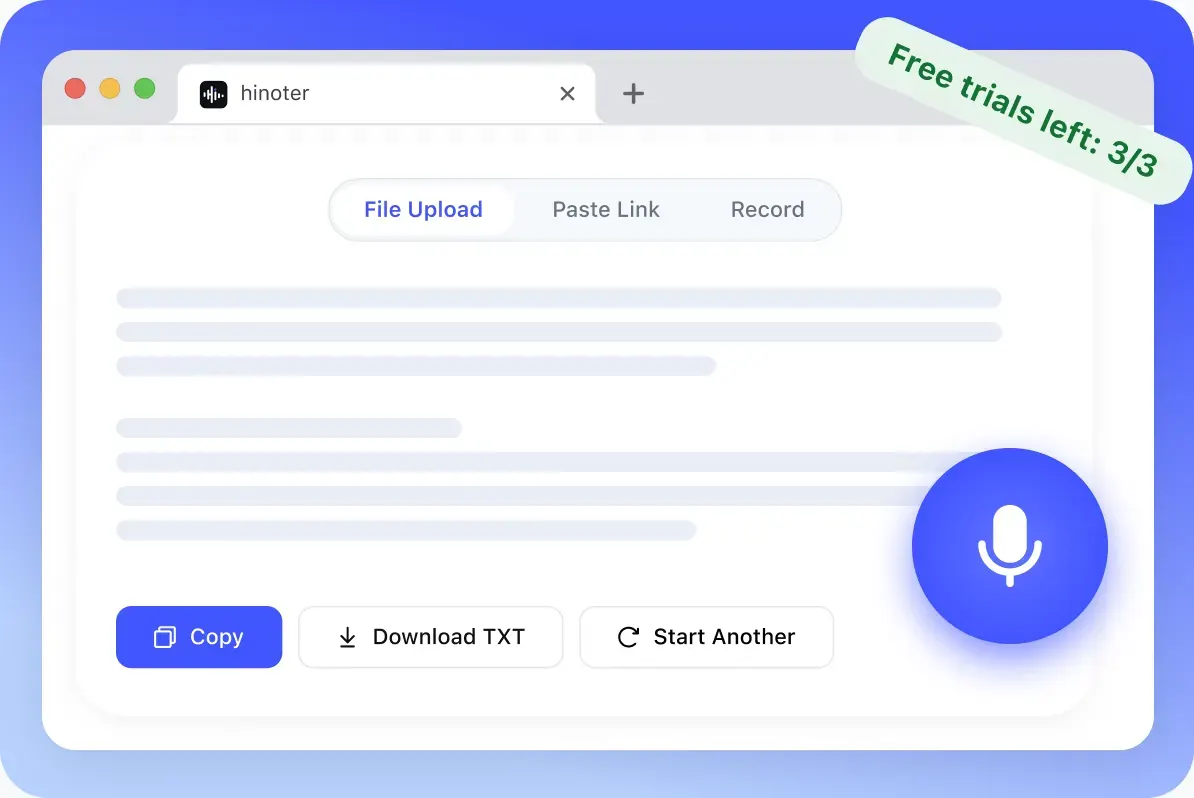 HiNoter browser transcript preview with editable text and export actions
