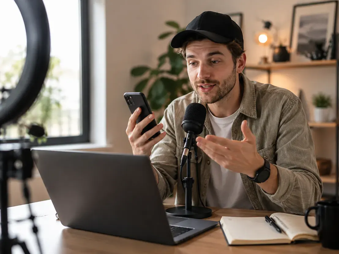 Content creator recording voice notes for scripts and captions
