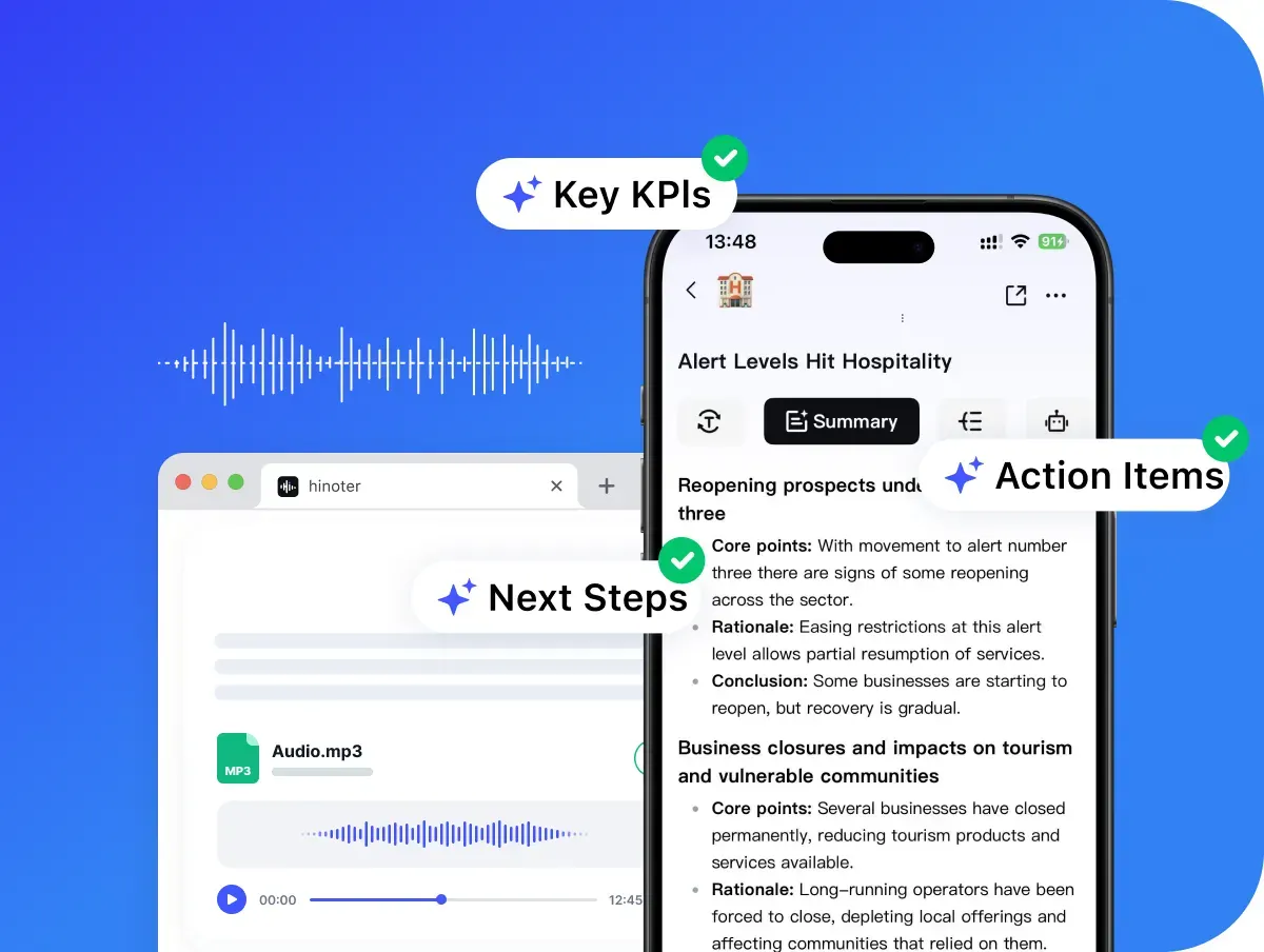 HiNoter workspace with transcript, summary, notes, and action items