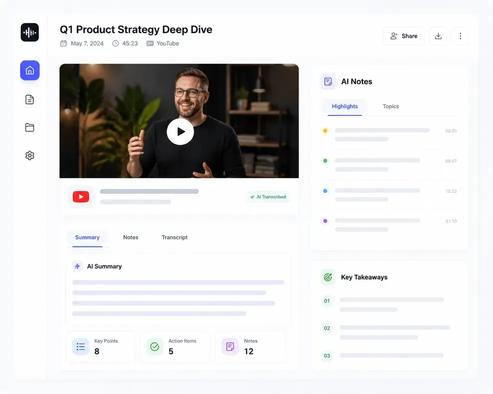 HiNoter workspace for AI transcription, summaries, notes, and follow-up work