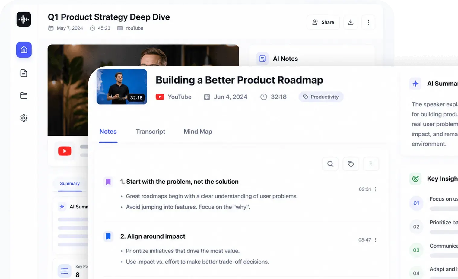 HiNoter workspace showing a converted video with transcript, notes, summary, and AI insights