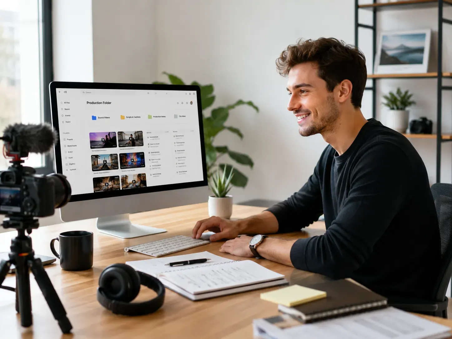 Content creator organizing permitted source videos for production