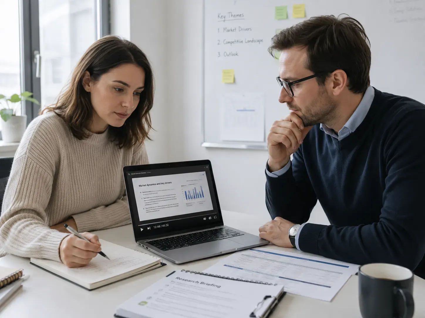 Researchers comparing authorized video material for a consulting brief