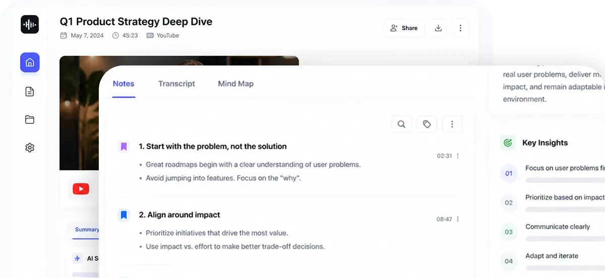 HiNoter workspace converting downloaded video content into searchable AI notes