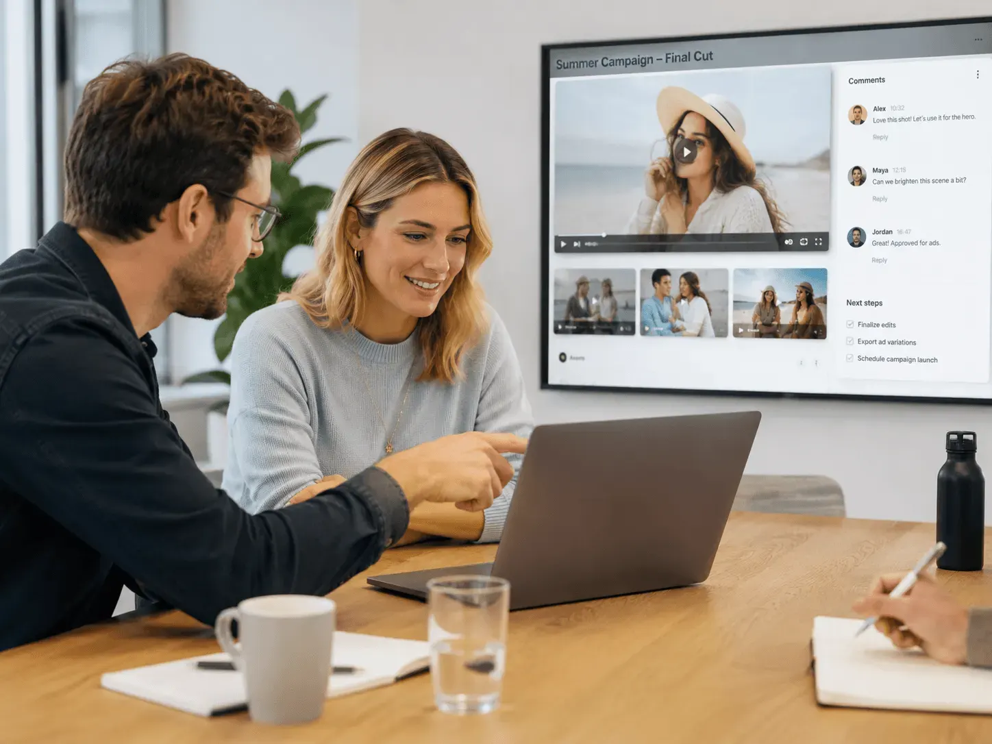 Marketing team comparing an owned campaign video for creative review