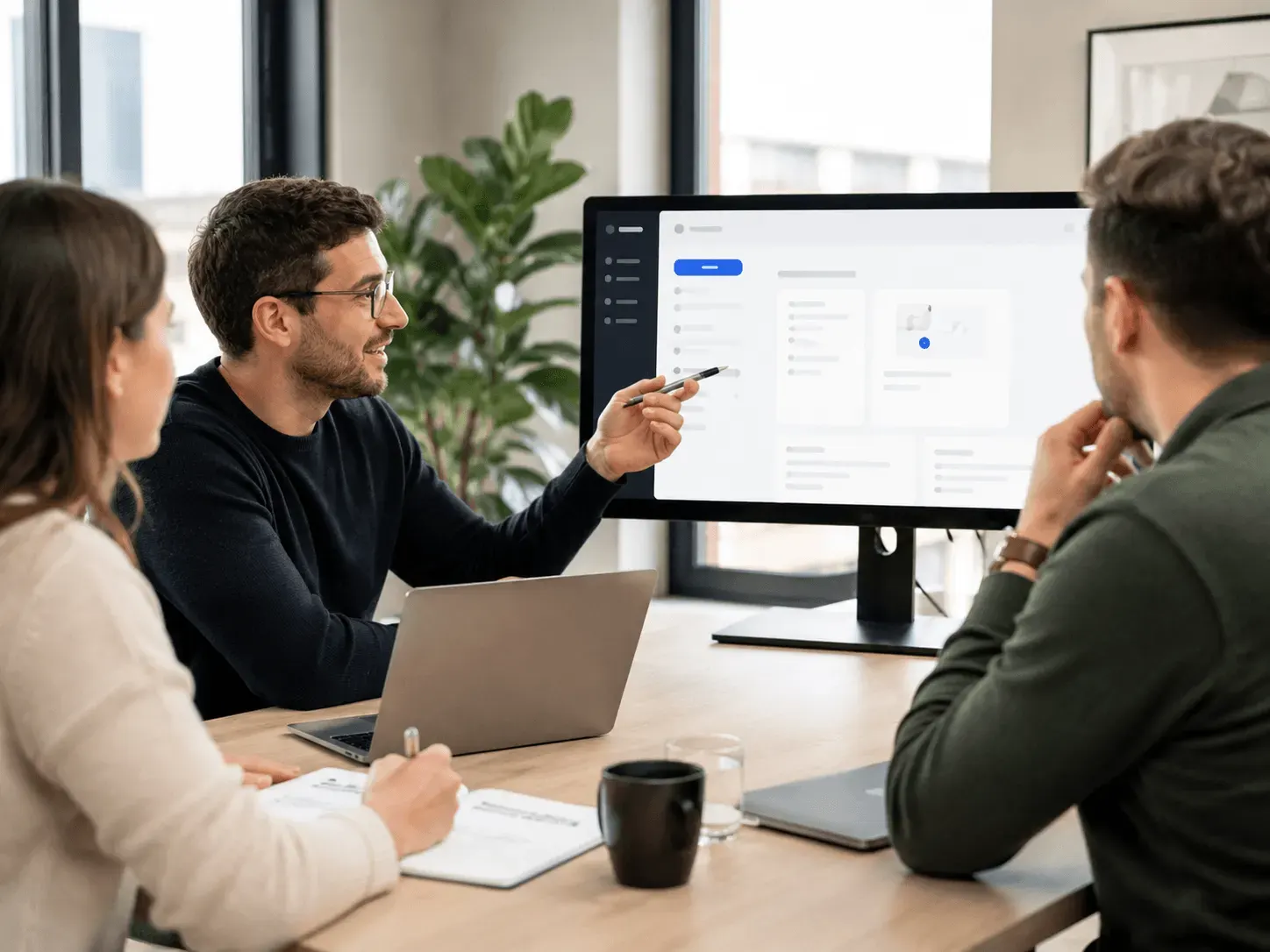 Product team reviewing an approved YouTube product walkthrough on a desktop monitor